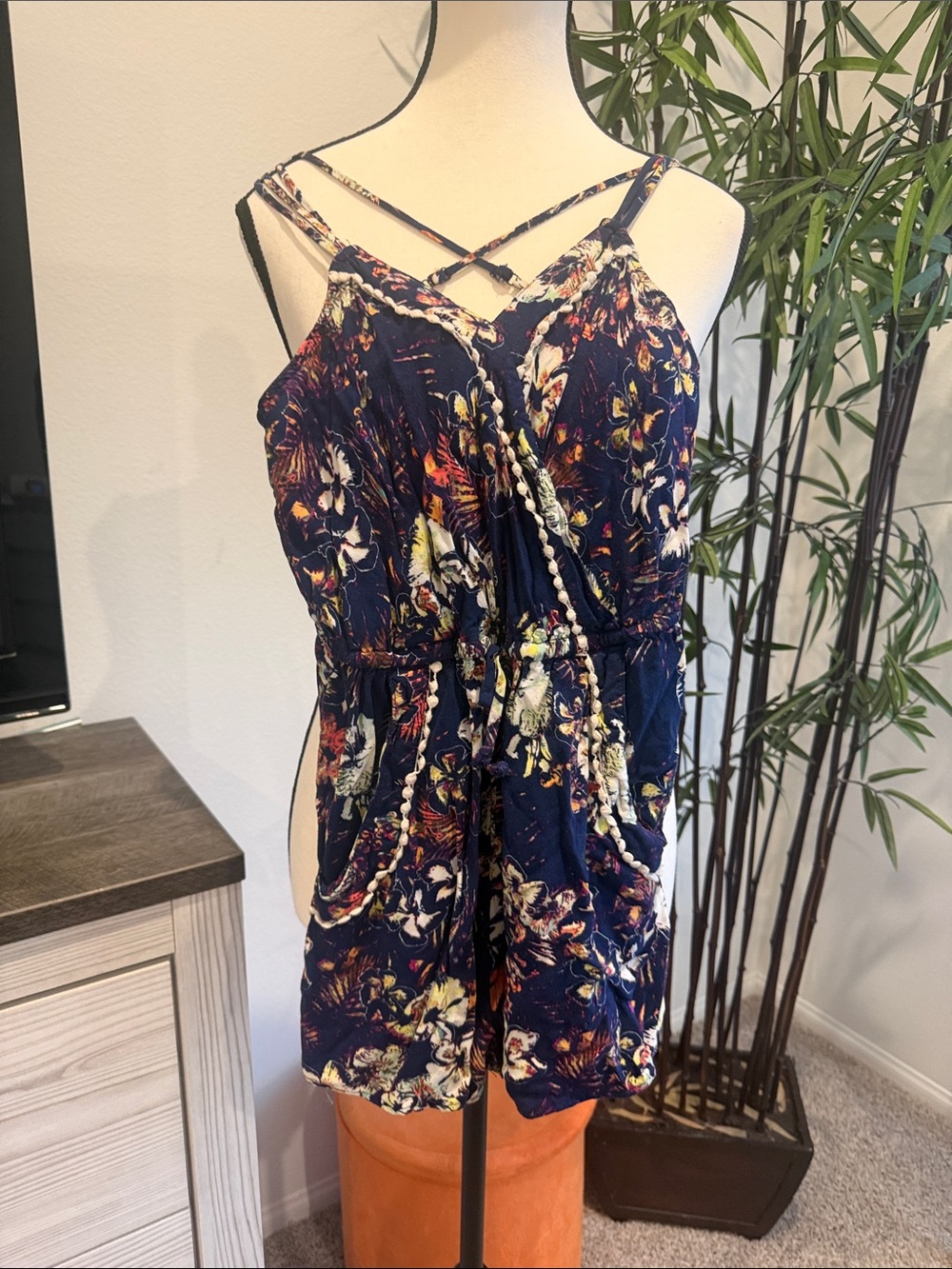 Xhilaration Navy Floral Tie-Strap Romper with Accent Pockets